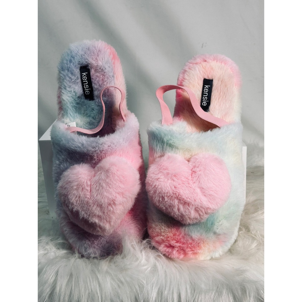 Kensie Womens Pastel Tie Dye Faux Fur Heart Slippers XL 10-11 Pink Blue Strap